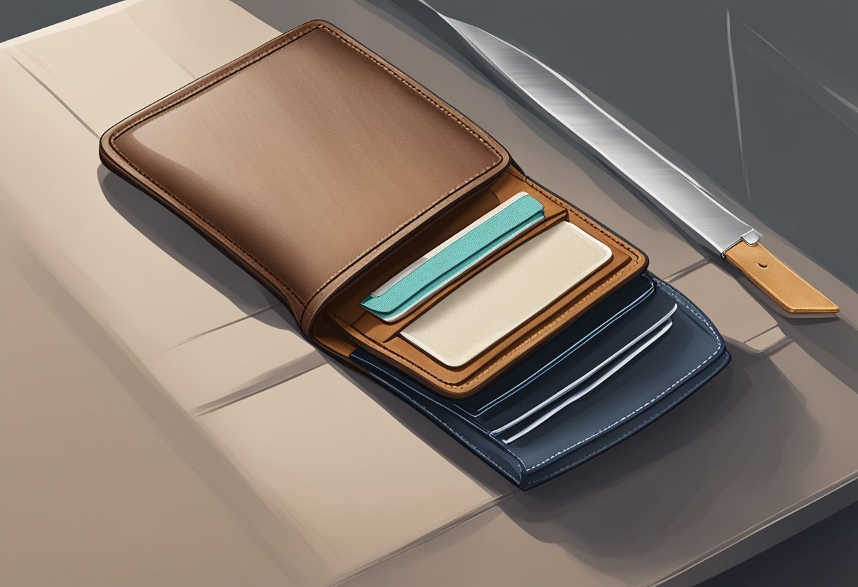 A wallet being gently wiped with a soft cloth, then treated with leather conditioner, sitting on a clean, flat surface