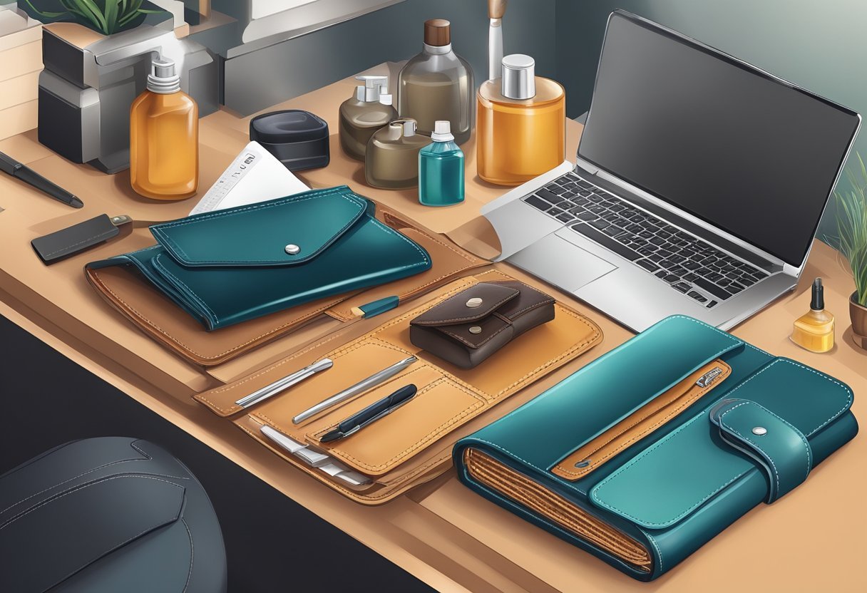 A clean, organized workspace with various leather care products and a well-maintained wallet being gently cleaned and conditioned