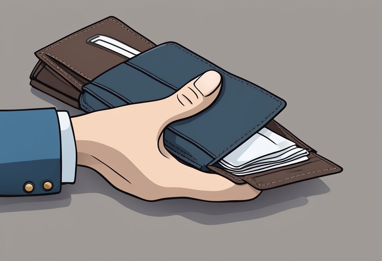 A hand holding a wallet, using a cloth to clean and remove stains from the surface