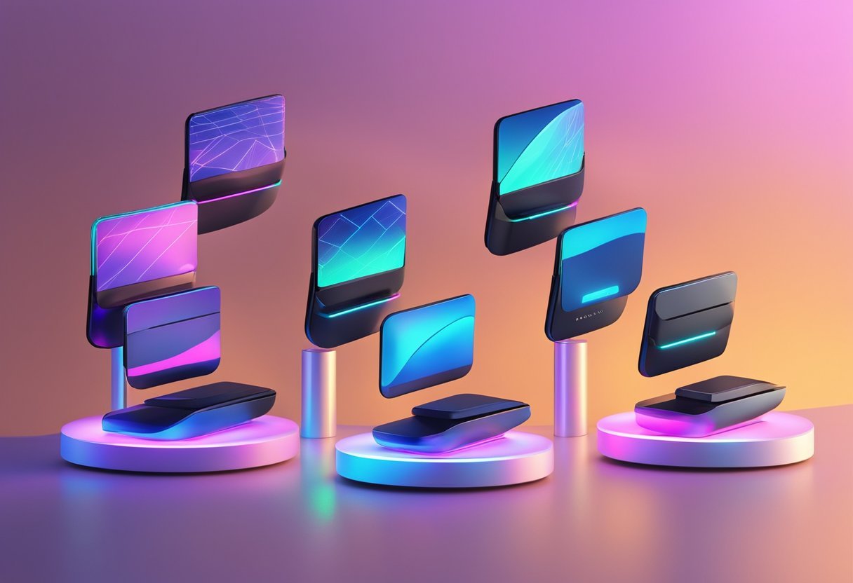 A futuristic wallet display with holographic projections and sleek, minimalist designs. The wallets are arranged on a high-tech display stand, with glowing lights and futuristic patterns