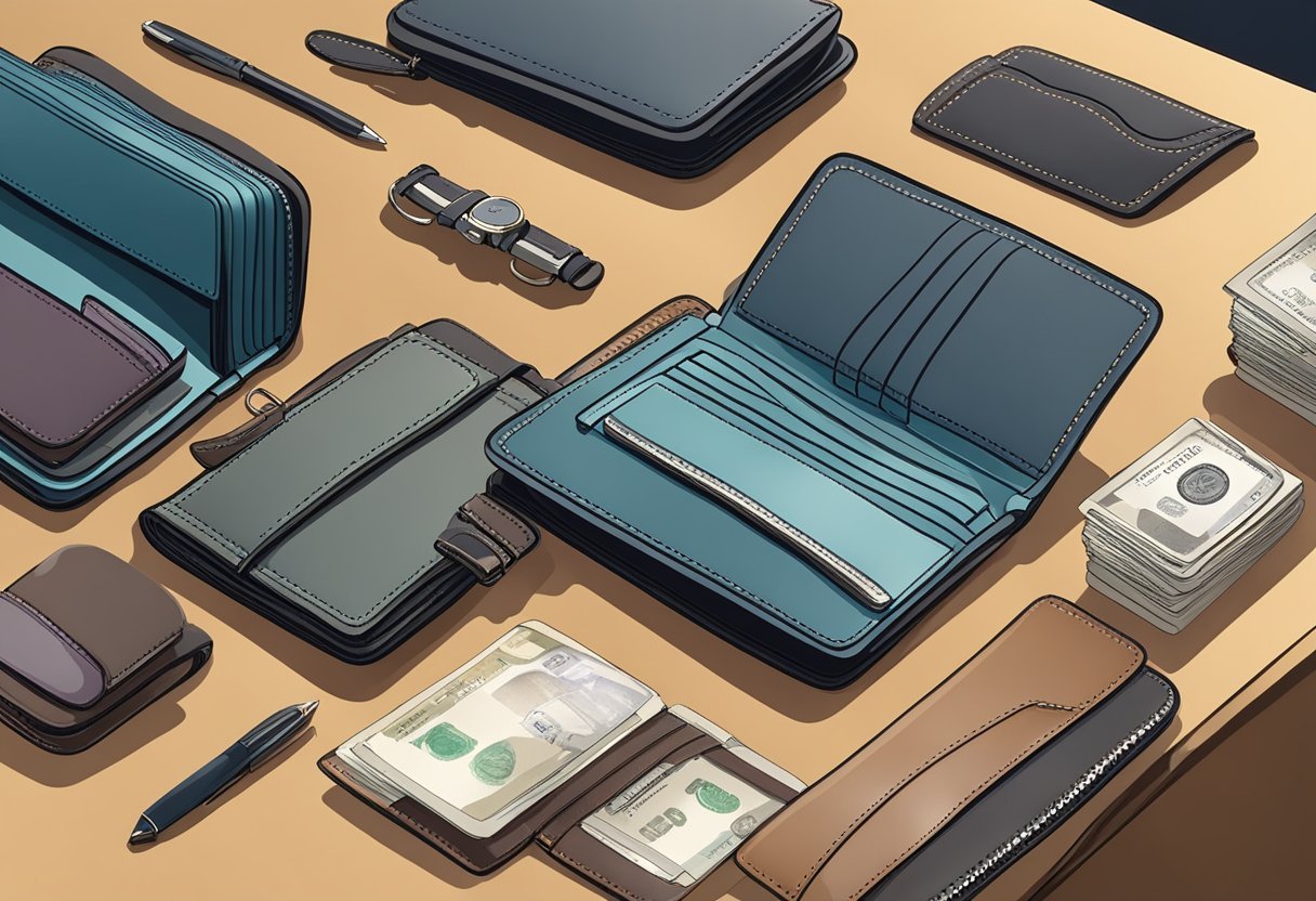 A person holds a wallet, comparing sizes and styles. Various wallets are displayed on a table, showcasing different materials and designs