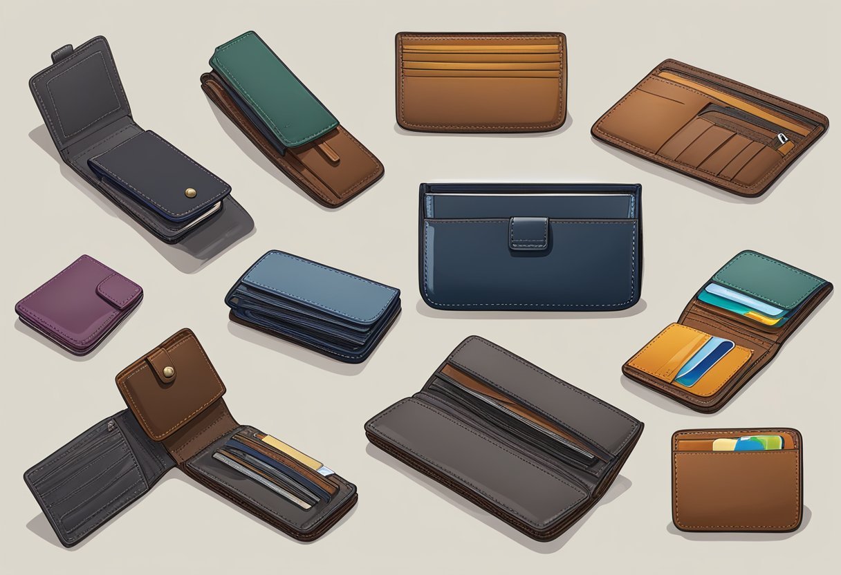 A variety of wallets displayed on a table, showcasing different styles and materials to choose from for various lifestyles