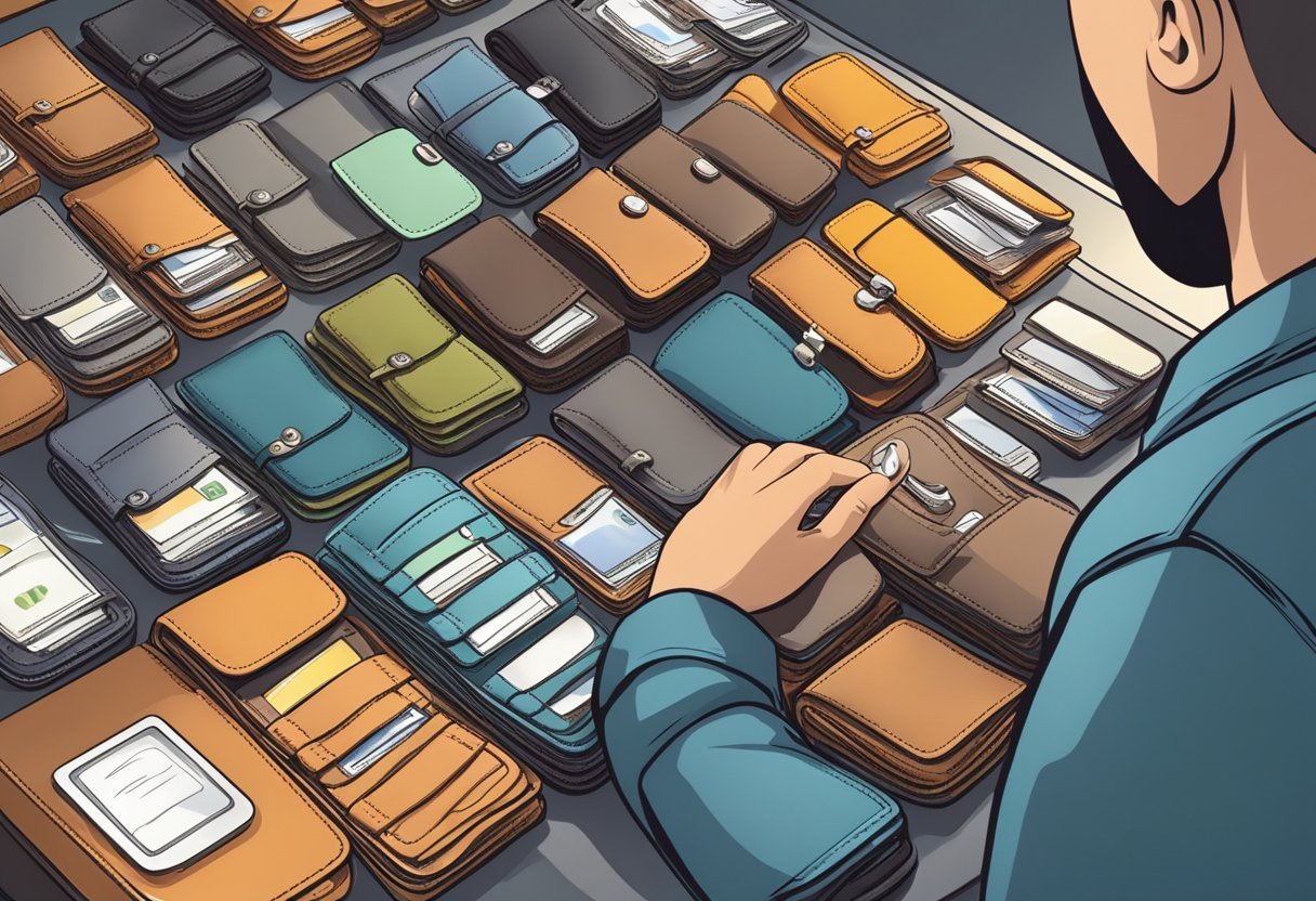 A person selecting a wallet from a variety of options based on their lifestyle and personal finance needs