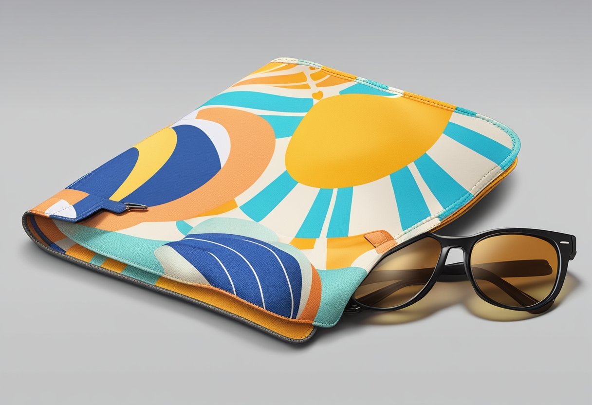 A sunny beach scene with a light, airy wallet lying on a colorful towel. The wallet is made of lightweight materials and is surrounded by summery accessories like sunglasses and a sun hat