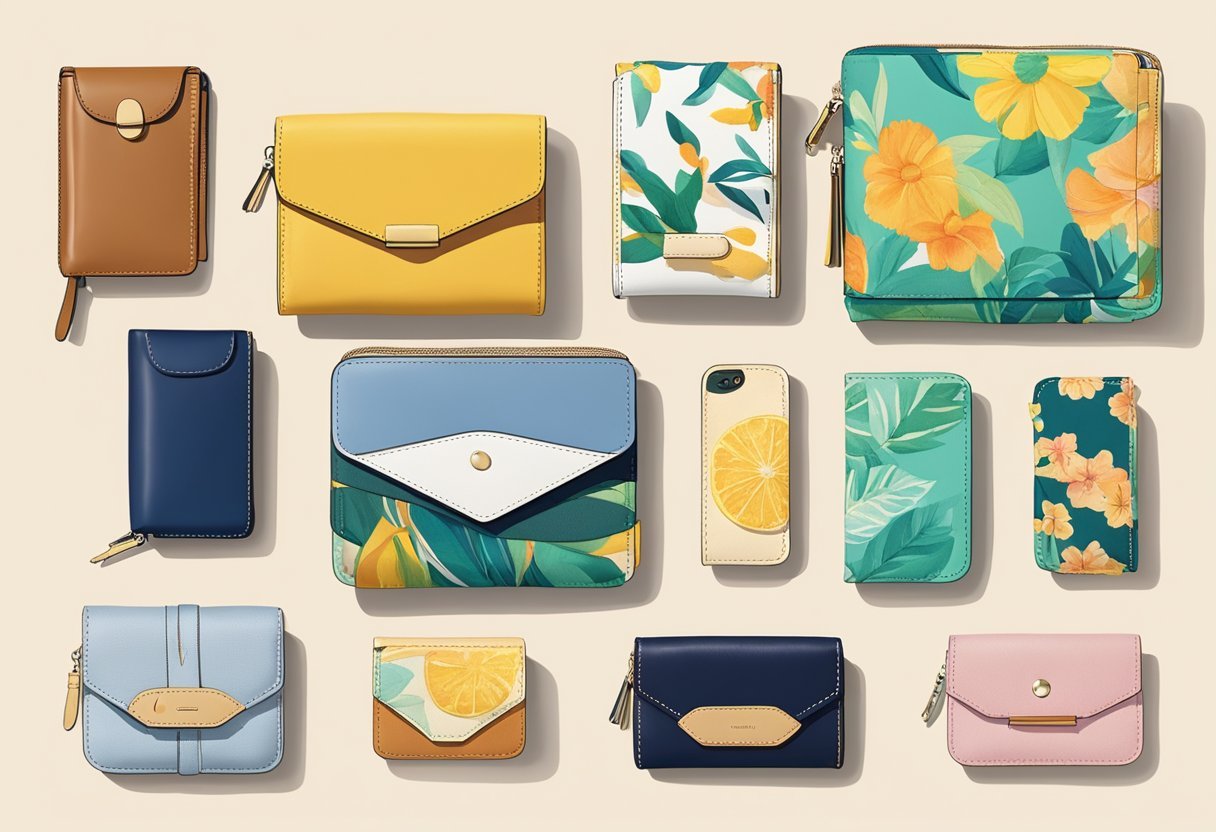 A collection of lightweight and airy summer wallets displayed on a sunlit table. Bright colors and delicate fabrics evoke a sense of warmth and relaxation