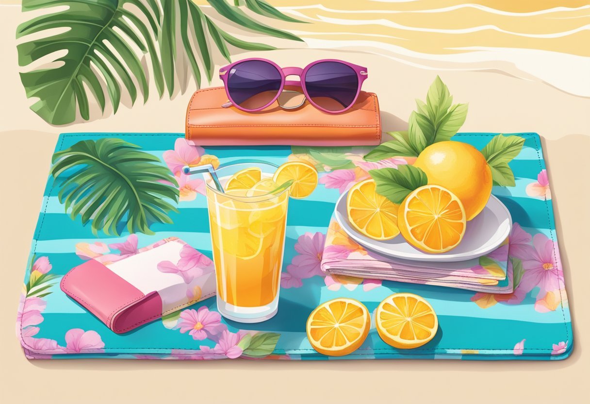 A light and airy summer wallet with vibrant colors and floral patterns, sitting on a beach towel next to a pair of sunglasses and a refreshing drink