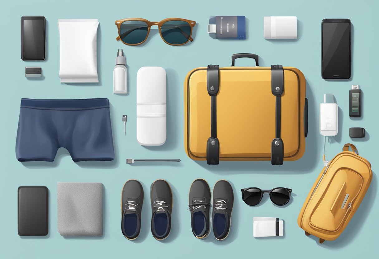 A suitcase with travel essentials scattered around: passport, boarding pass, headphones, sunglasses, travel-sized toiletries, and a portable charger