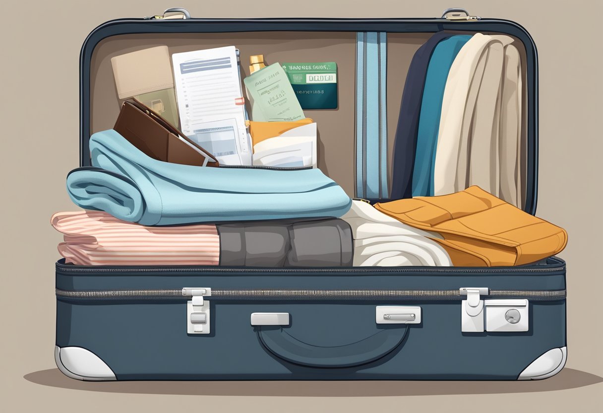 A suitcase open on a bed, filled with neatly folded clothes, toiletries, and a travel itinerary. A passport and boarding pass are placed on top