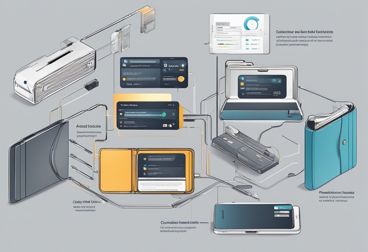 A tech wallet with various connection options and smart features highlighted. Compatibility emphasized