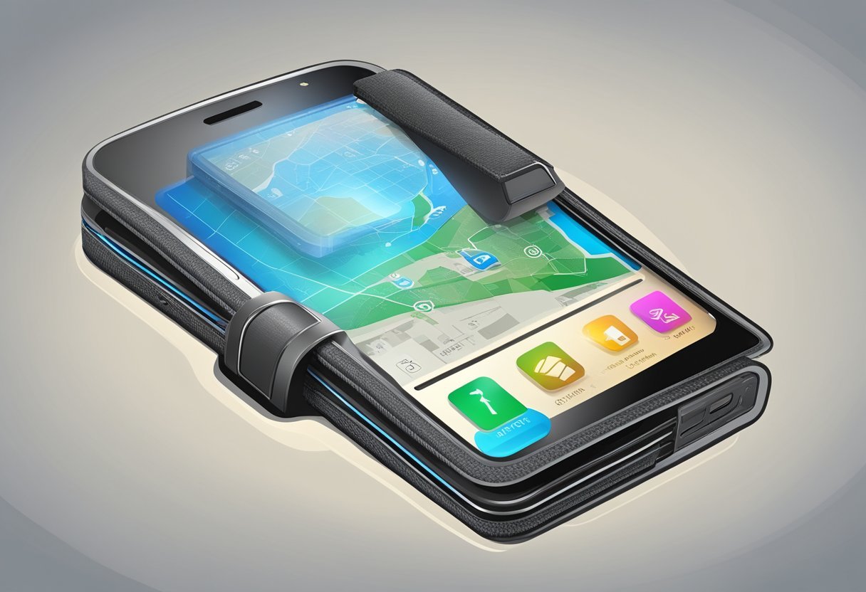 A smart wallet with high-tech security features, such as fingerprint recognition and GPS tracking, is the focus of the illustration