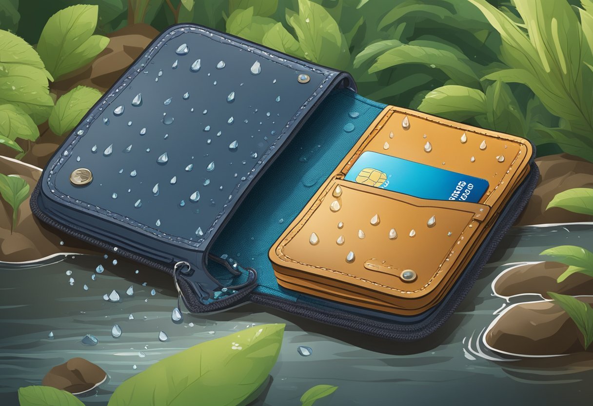 A rugged outdoor wallet surrounded by nature, with water droplets bouncing off its waterproof surface, showcasing its durability and water resistance