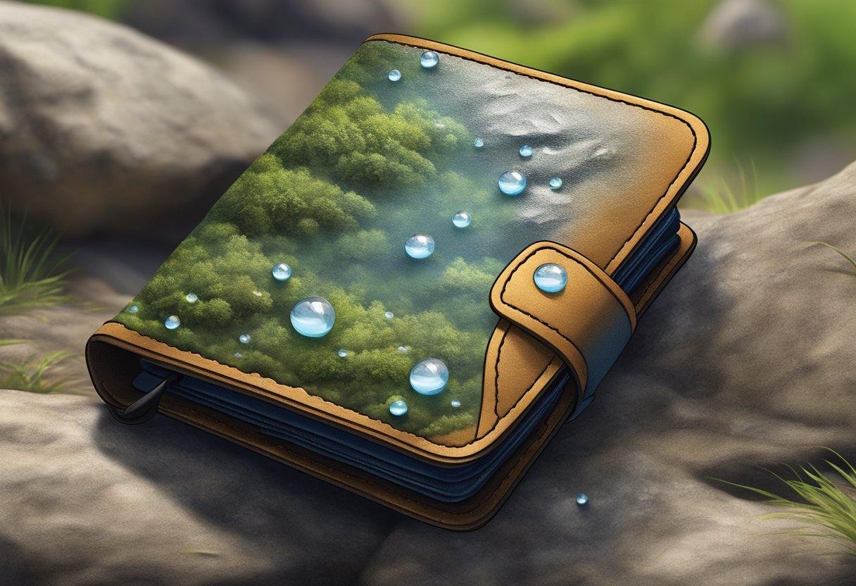 A sturdy outdoor wallet lies open, water droplets bead on its surface. It rests on a rugged terrain, surrounded by nature