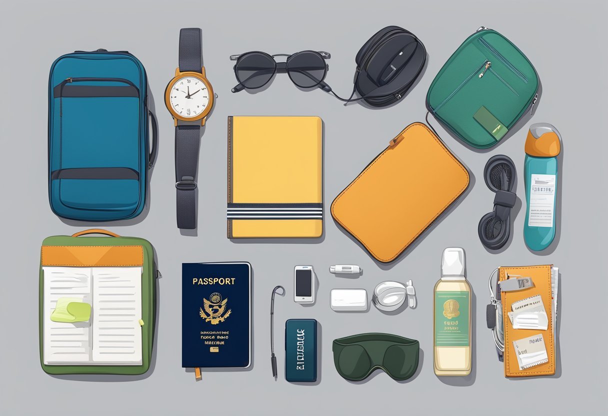 A table with a passport, travel itinerary, luggage tag, travel-sized toiletries, noise-cancelling headphones, and a neck pillow