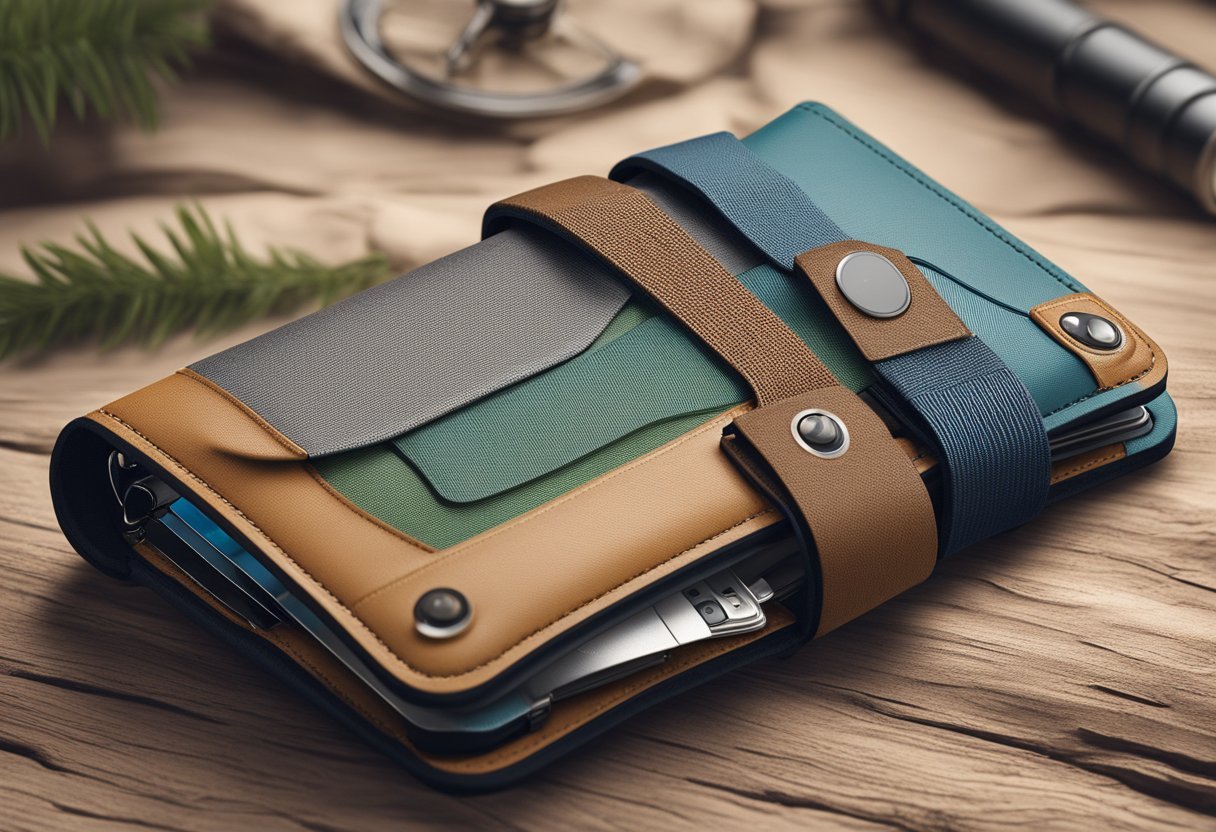 A durable and waterproof wallet for outdoor enthusiasts, surrounded by rugged terrain and natural elements