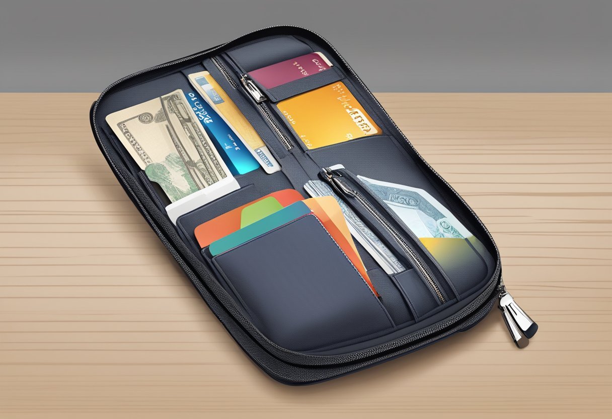 A travel wallet with compartments for cards, passport, and currency, secured with a zipper and RFID-blocking technology