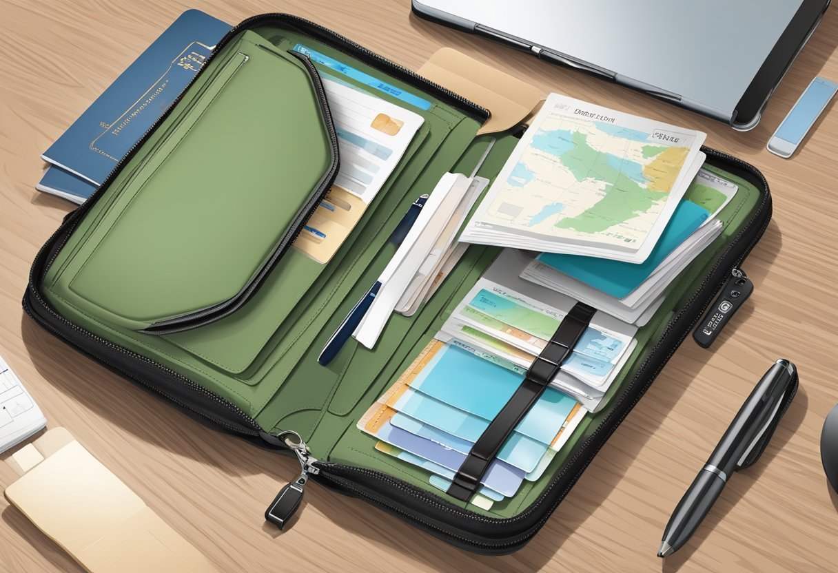 A travel document wallet with compartments and zippers for organization and security on the go