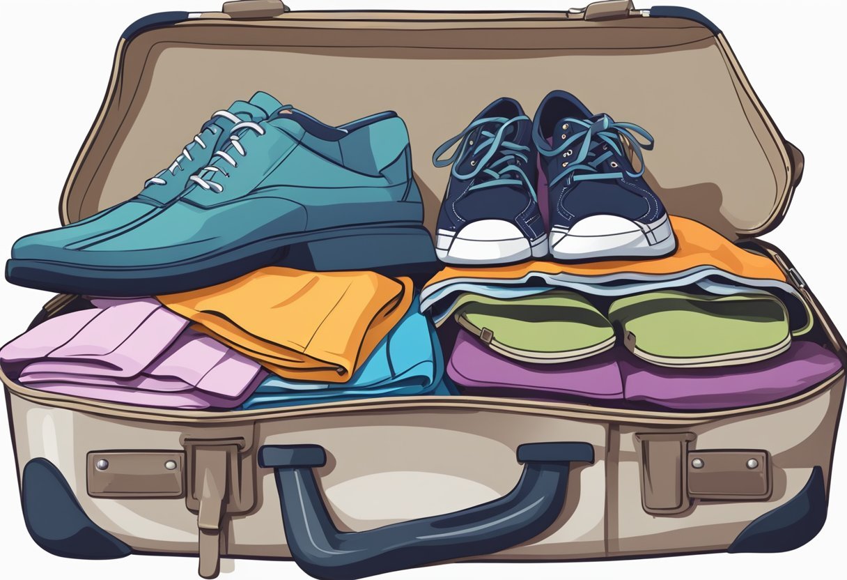 A suitcase open with neatly folded clothes and shoes arranged next to it, ready for a frequent flyer's trip