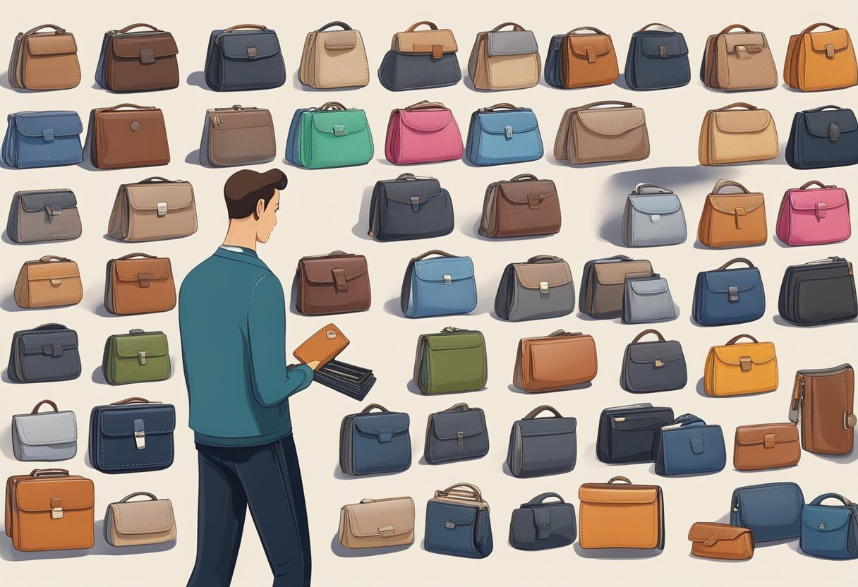 A person selecting a wallet from a variety of options, considering the style and functionality that best suits their personality and daily needs