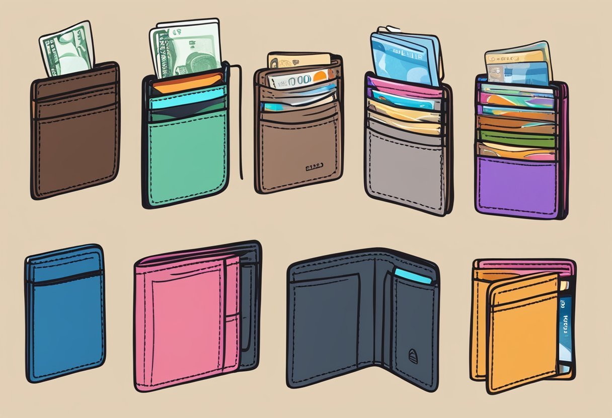 A display of various wallets in different styles and colors, with a sign reading "Frequently Asked Questions: How to choose a wallet that suits your personality."