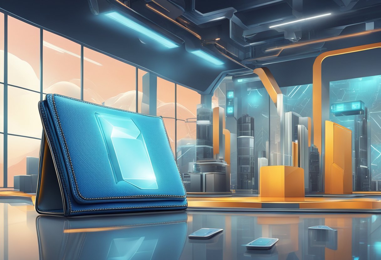 A futuristic wallet industry scene with innovative designs and materials