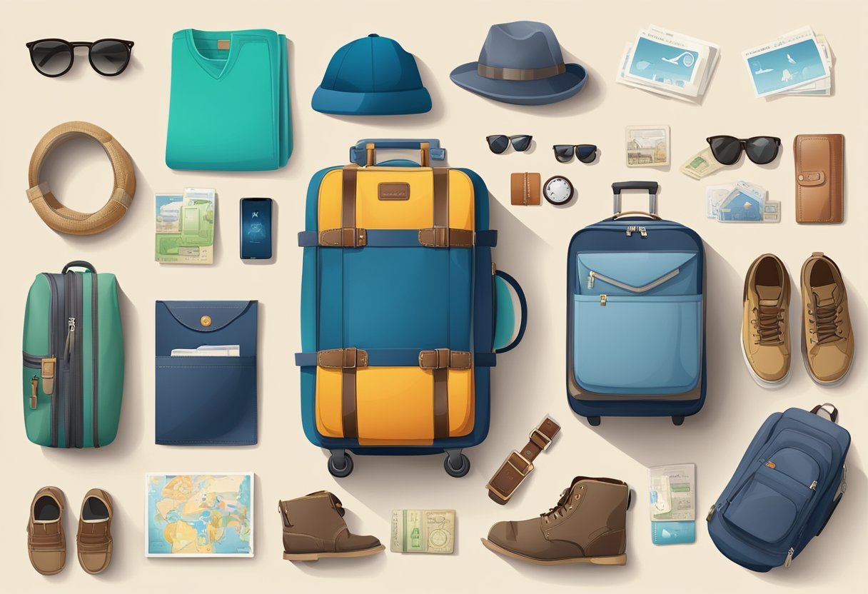 A family's travel essentials laid out on a table, including passports, tickets, and a variety of clothing and accessories for children