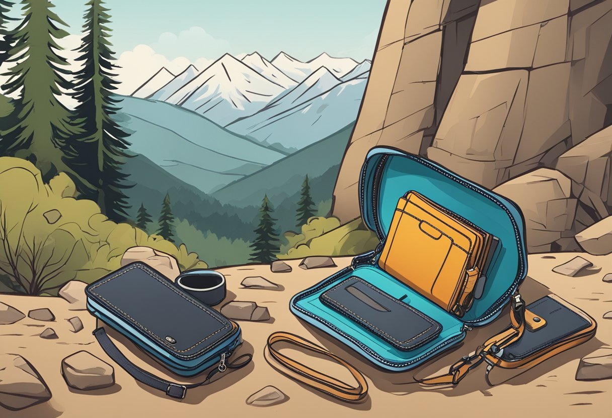 A dynamic wallet being used outdoors, with rugged terrain in the background and various outdoor gear scattered around