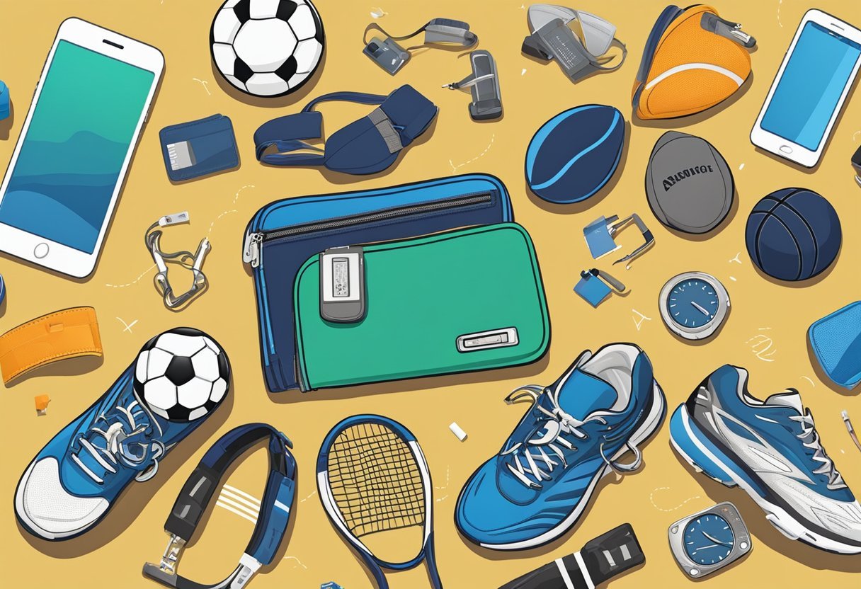 A dynamic wallet surrounded by sports equipment and electronic gadgets, portraying an active lifestyle