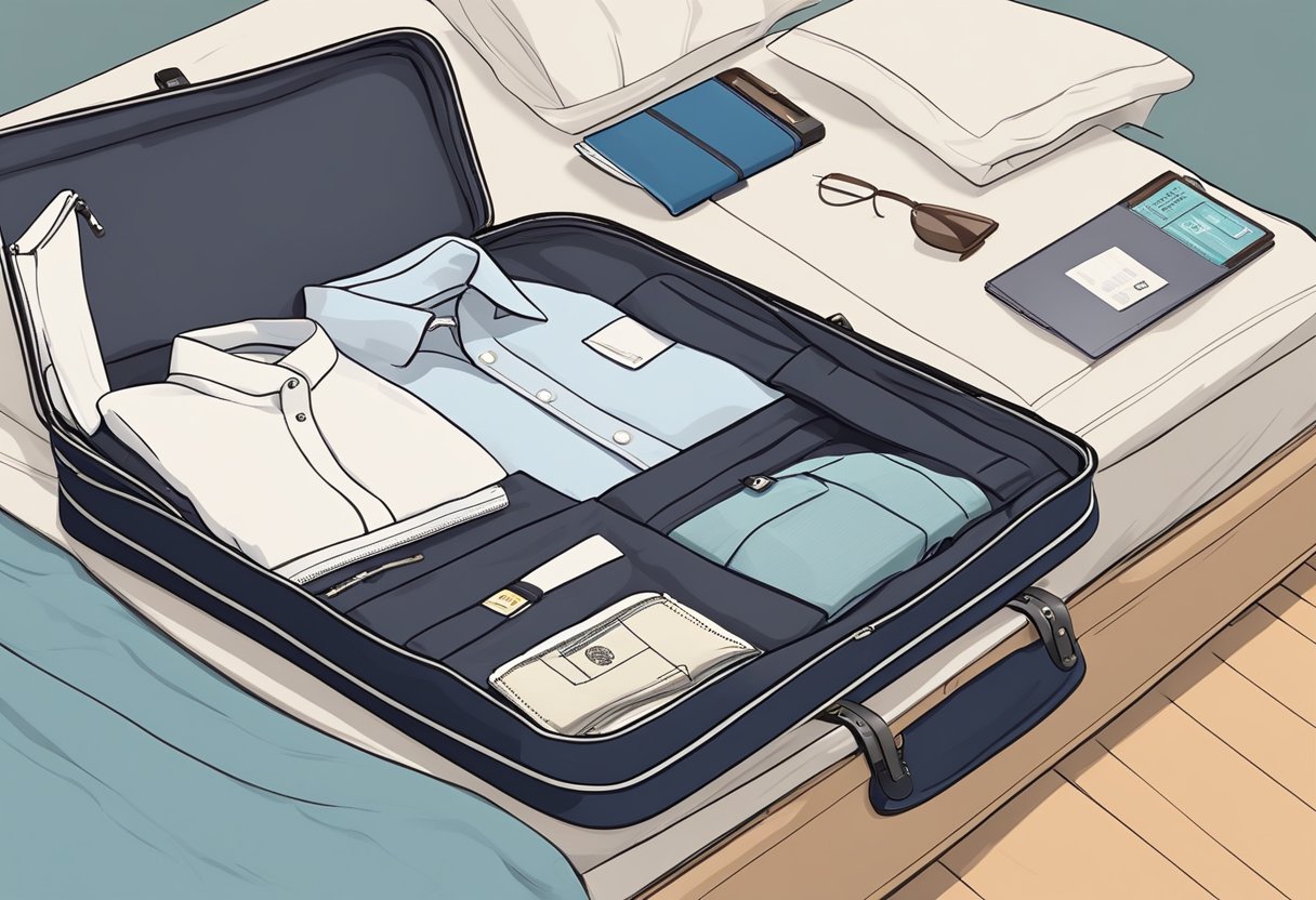 A suitcase open on a bed, with neatly folded clothes, toiletries, and travel accessories laid out. A passport and boarding pass are tucked into a side pocket