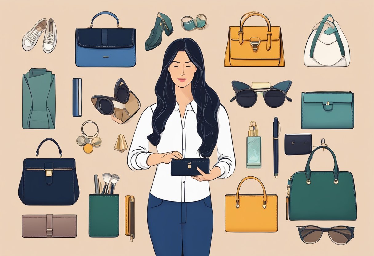 A modern woman selects a stylish and functional wallet, surrounded by various options and accessories