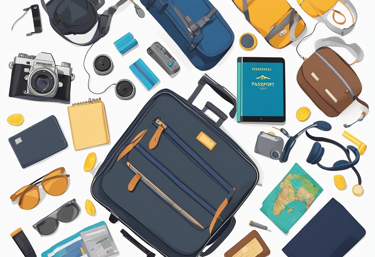 A colorful array of travel essentials spills out of a sleek carry-on bag, including a passport, headphones, a camera, and a guidebook