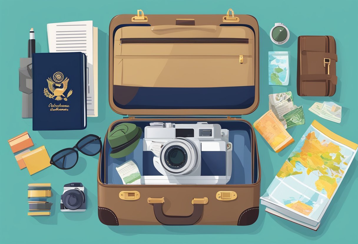 A colorful array of travel essentials spills out of an open suitcase, including books, a camera, a passport, and a map