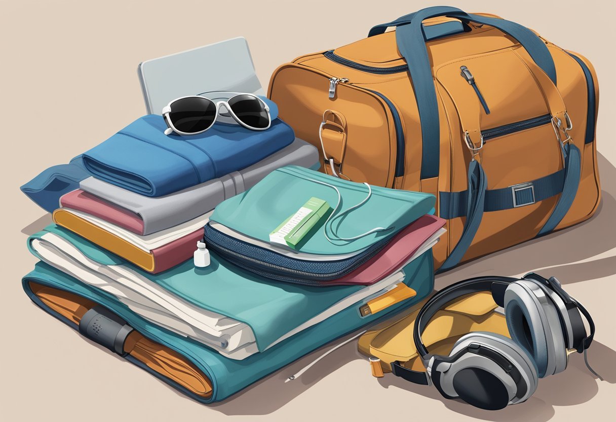 A suitcase filled with neatly folded clothes, a travel journal, and a pair of headphones. A small toiletry bag sits on top, alongside a book and a reusable water bottle