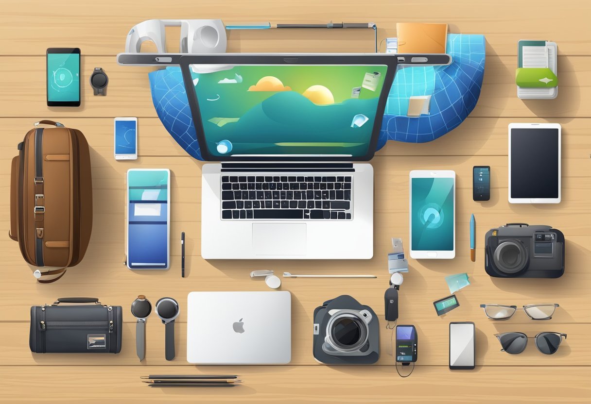 A table with various tech gadgets and valuable items, surrounded by creative hand luggage ideas