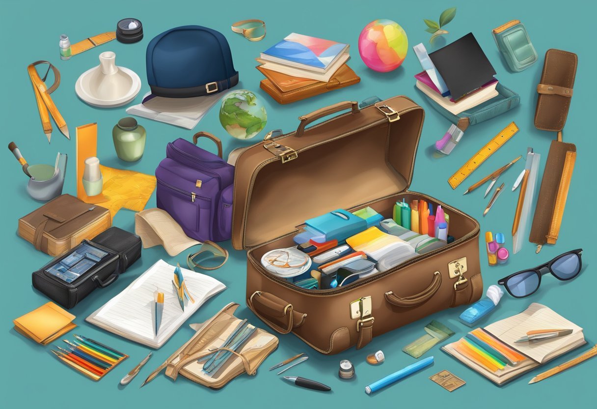 A traveler's hand luggage bursting with creative supplies and resources, ready for an artistic adventure