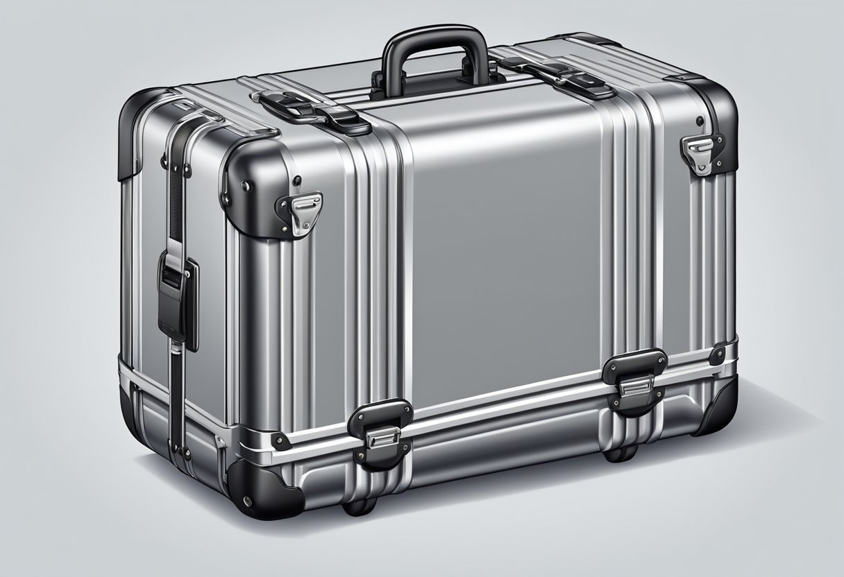 An aluminum suitcase with reinforced construction, showcasing its durable material and advantages