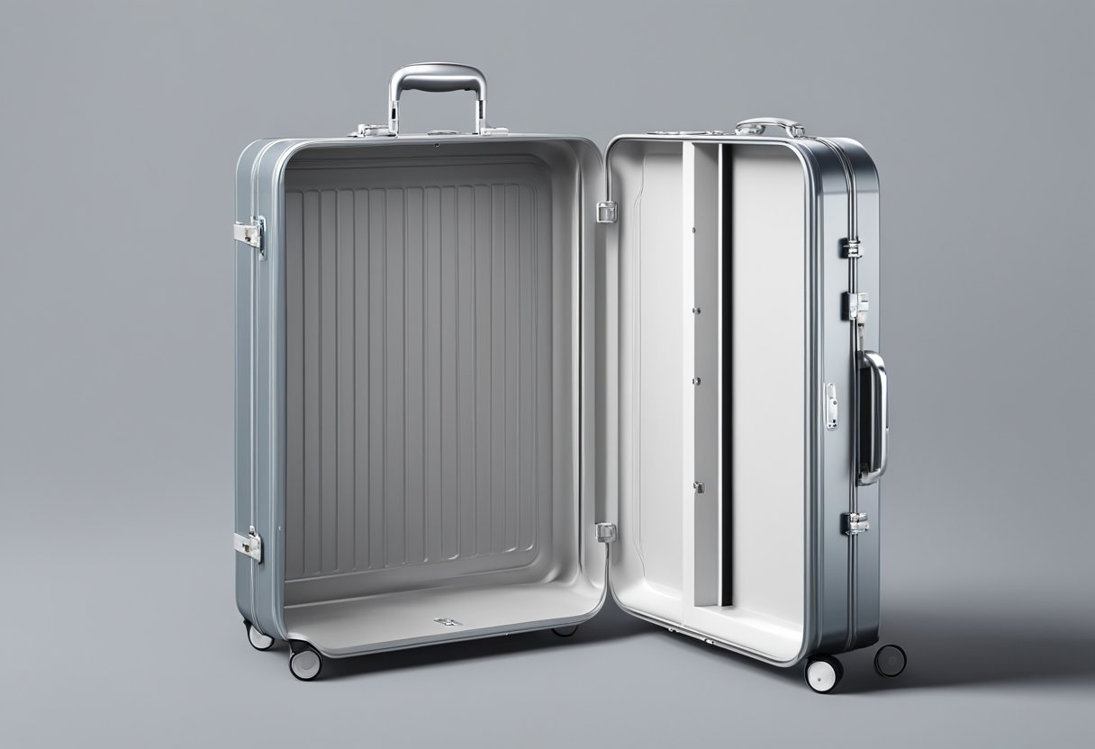 An aluminum suitcase stands open, showcasing its sleek design and customizable features. Its aesthetic appeal and individual preferences are highlighted, emphasizing its numerous advantages