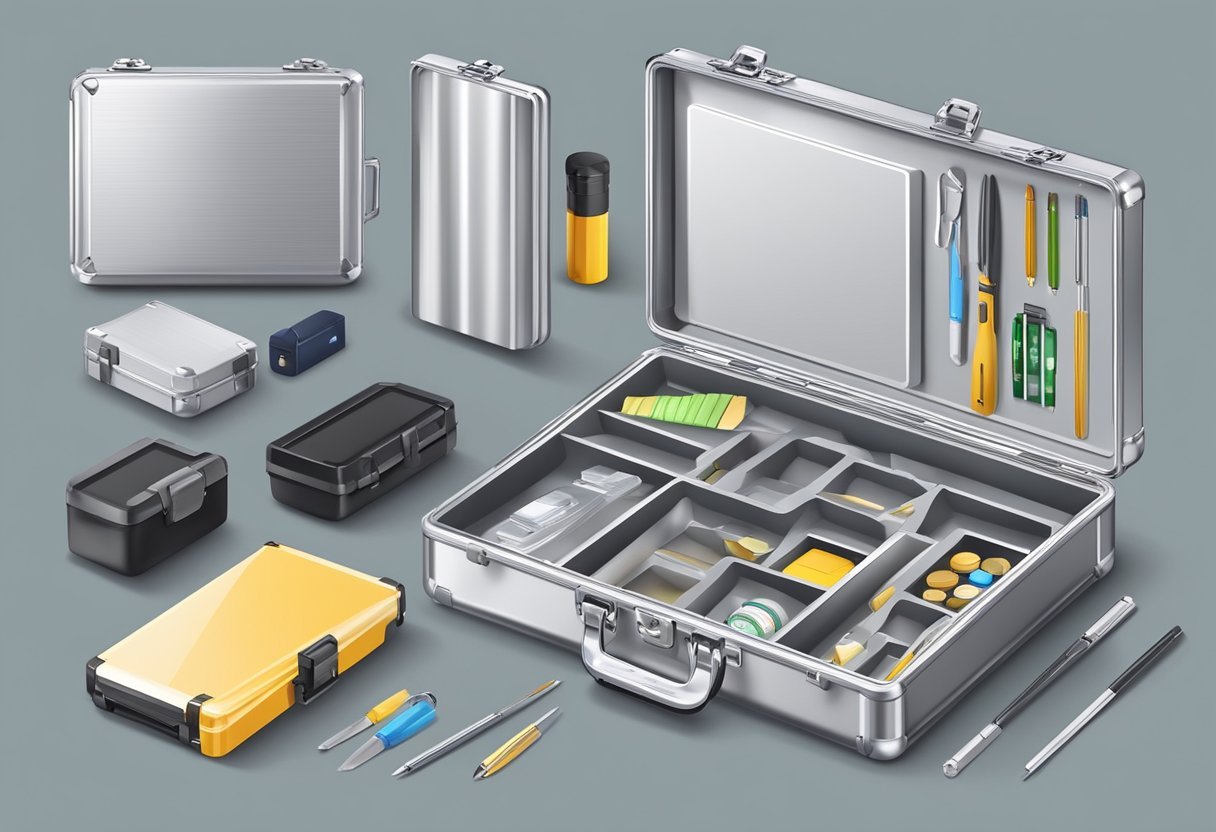 An open aluminum case with neatly organized contents, surrounded by various items symbolizing value and benefits