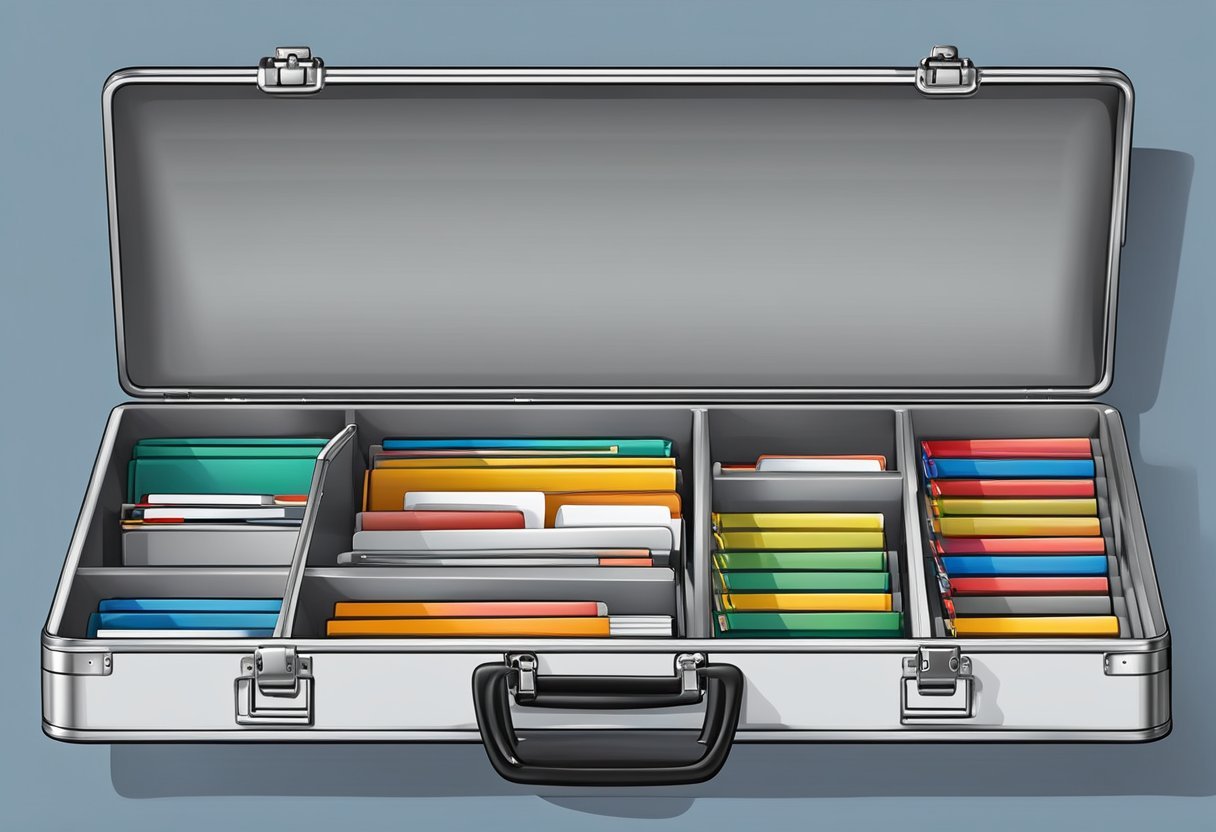 An open aluminum briefcase with organized compartments and sturdy handles