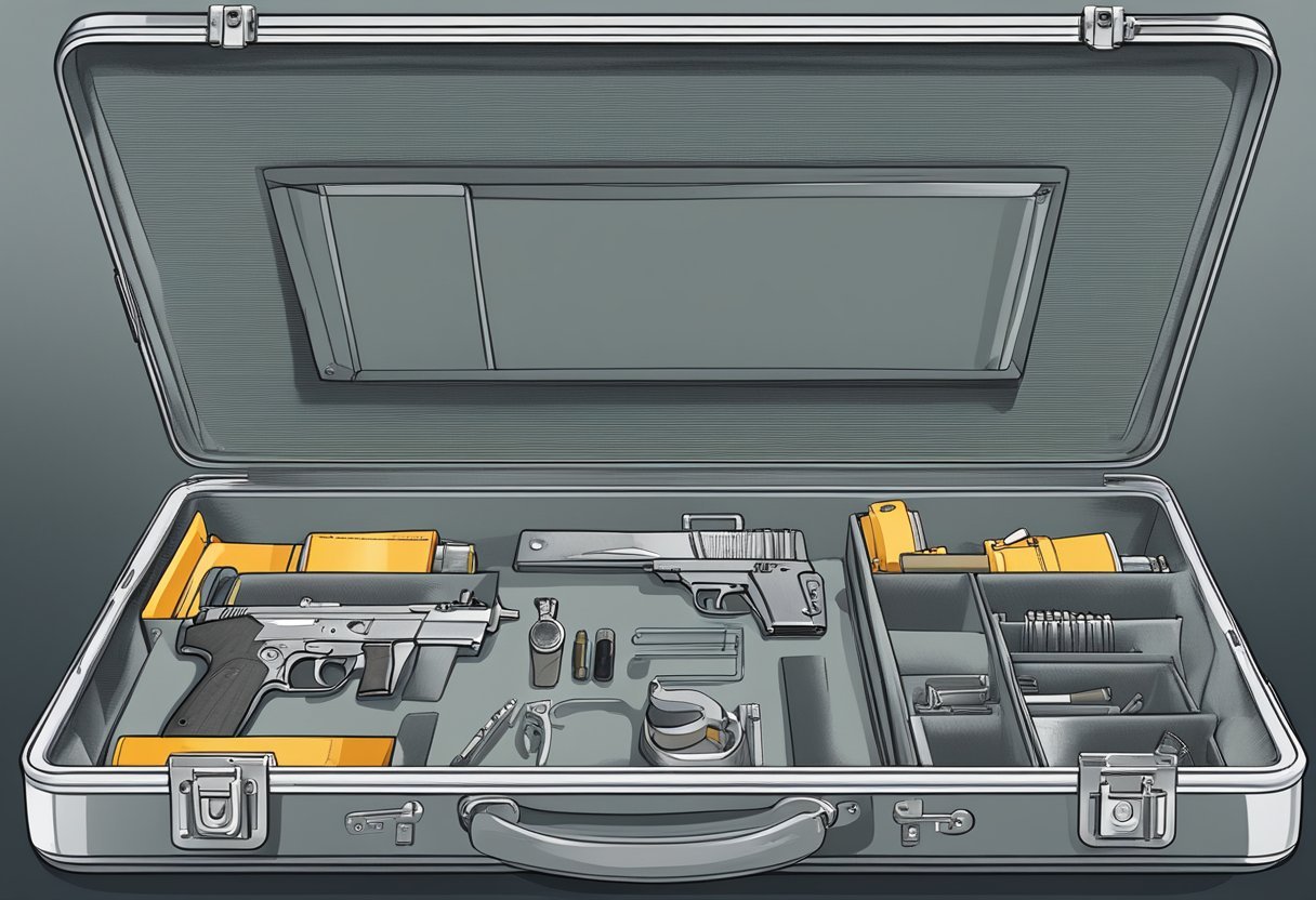 An open aluminum briefcase with labeled "Vor- und Nachteile im Überblick" and bullet points inside