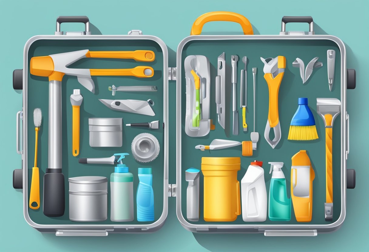 An open aluminum suitcase with various compartments and a handle, surrounded by cleaning supplies and maintenance tools