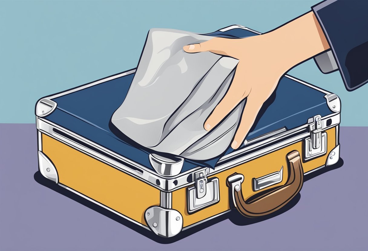 A hand holding a cloth, polishing an aluminum suitcase with care instructions in the background