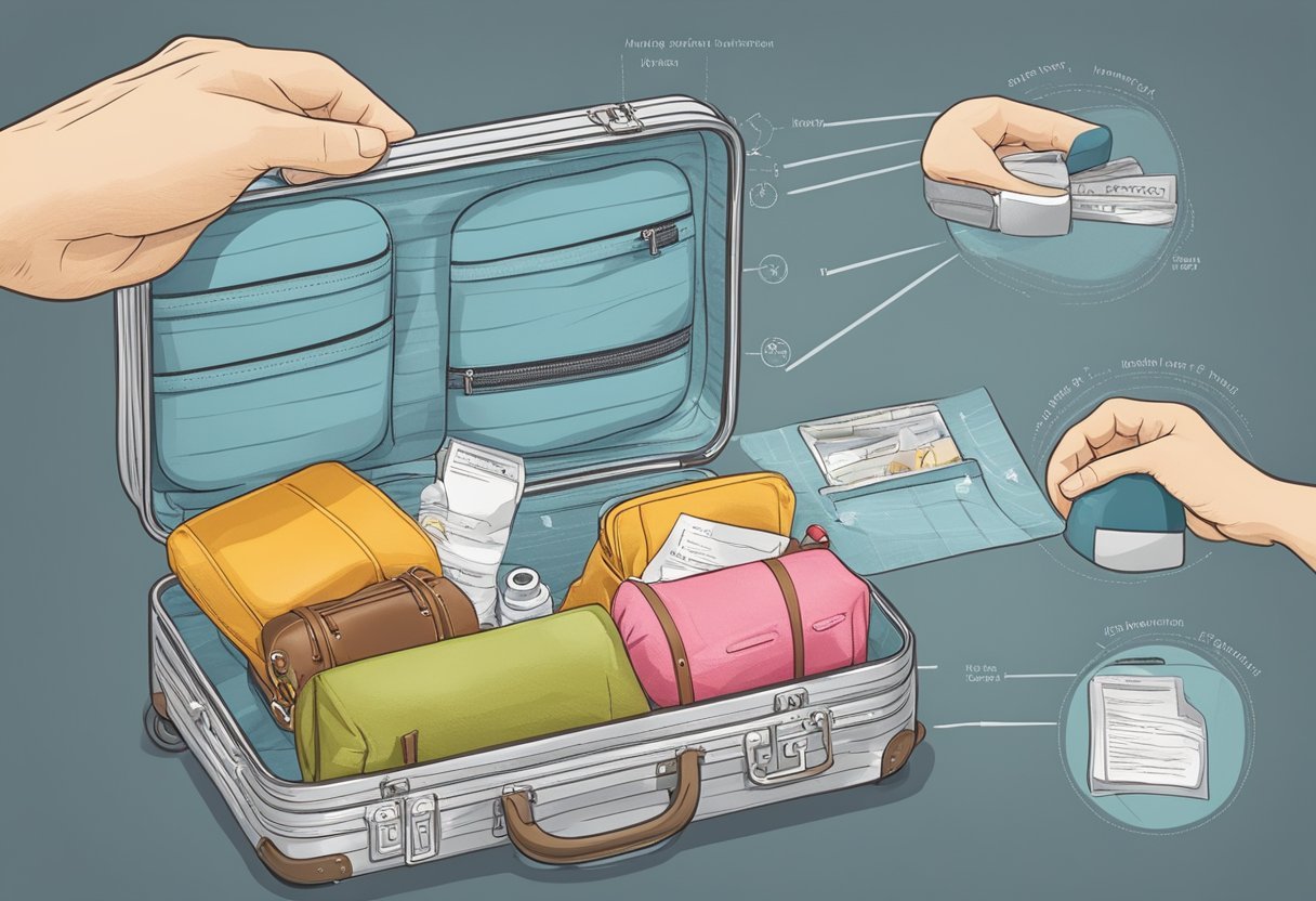 A traveler's hand opening an aluminum suitcase, with additional care instructions written in German