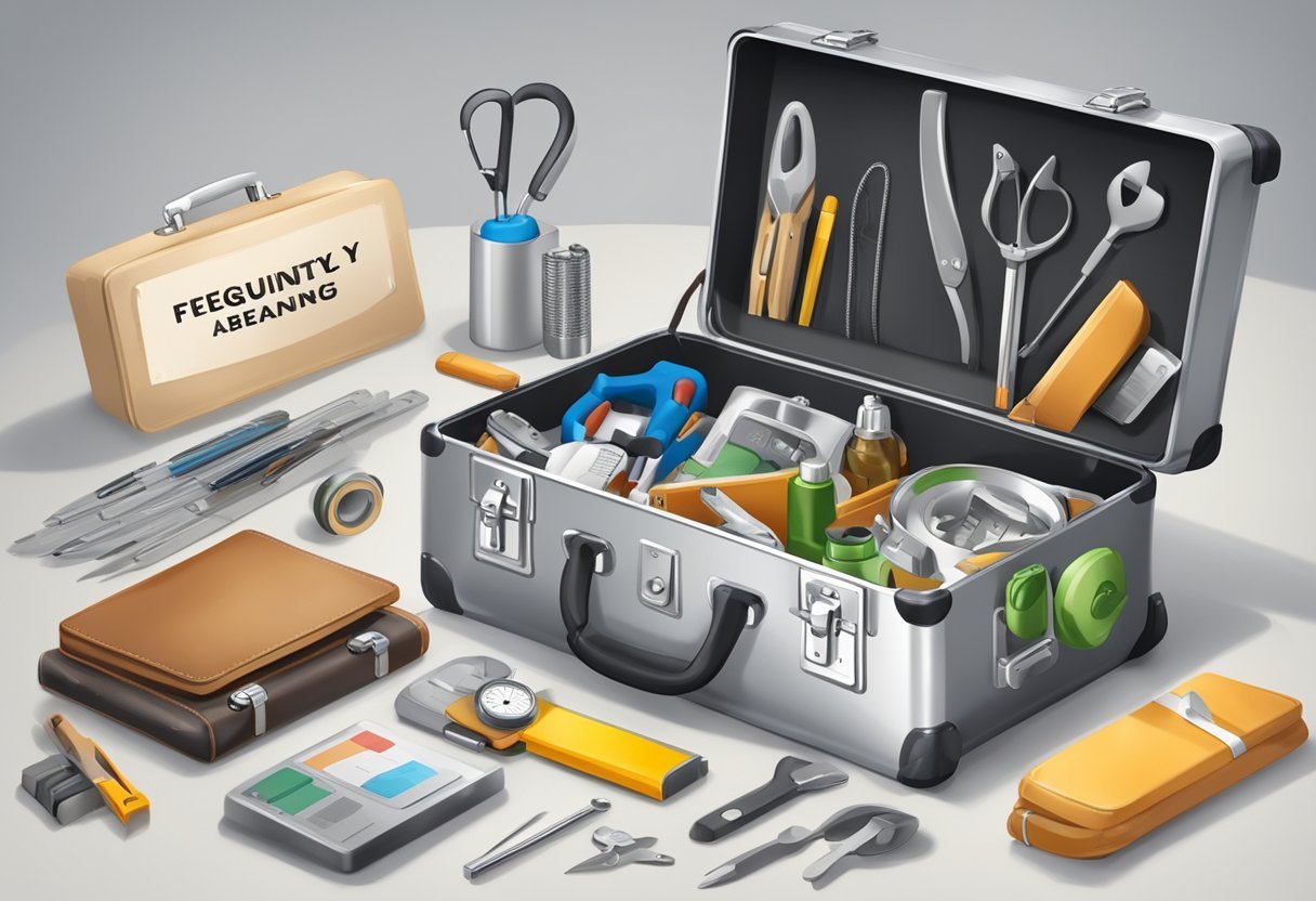 An open aluminum suitcase with a label "Frequently Asked Questions Pflegeanleitung" on top, surrounded by various items and tools