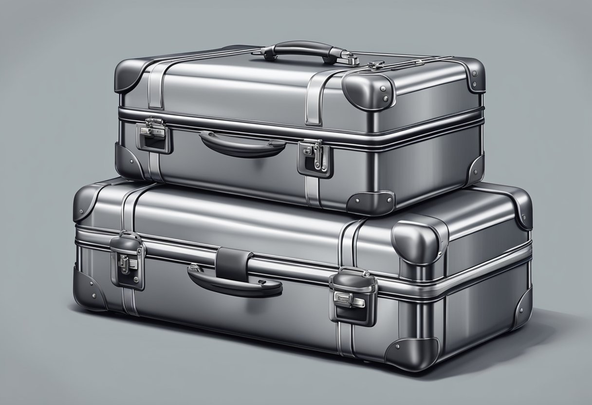 A stack of aluminum suitcases sits by a departing train, ready for travel. The sleek, durable cases are essential for stylish and practical packing