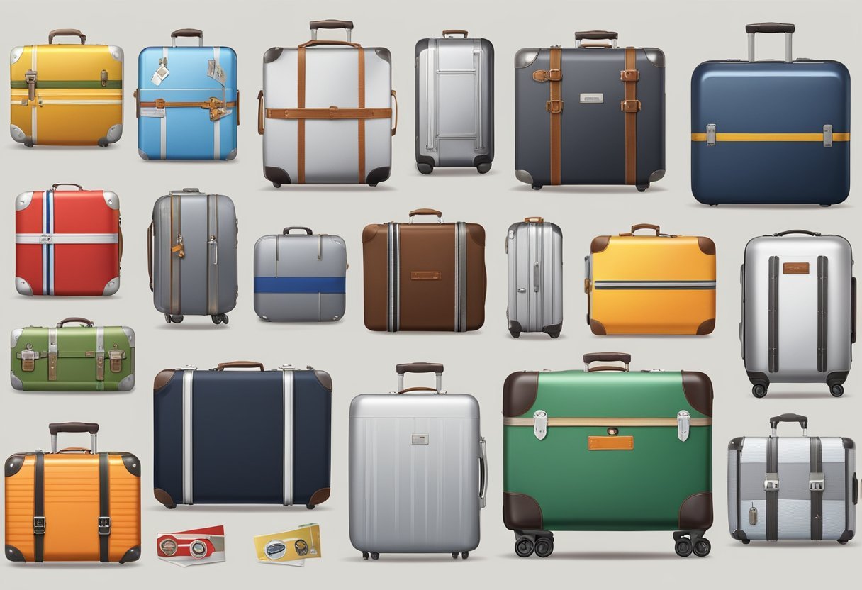 A display of various aluminum suitcases with travel stickers and tags, surrounded by travel guidebooks and maps