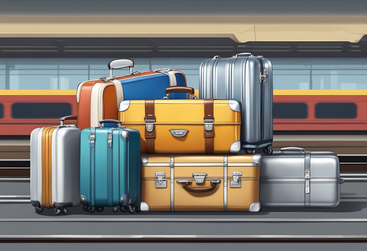 A stack of aluminum suitcases sits by a train platform, ready for travel