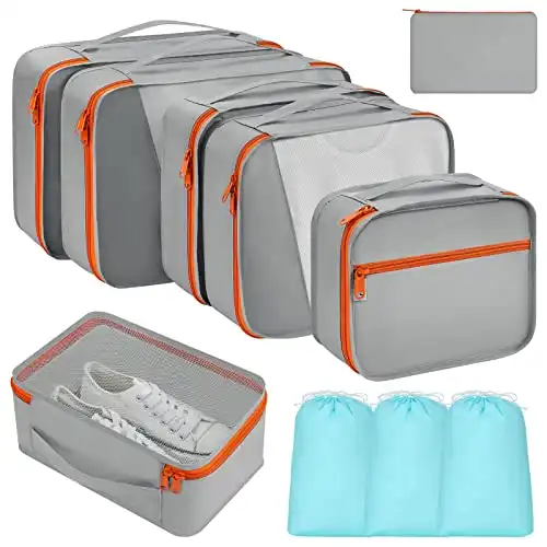 DIMJ 10-Teilig Koffer Organizer Set, Packing Cubes für Kleidung, Packwürfel für Rucksack, Kleidertaschen für Koffer, Packtaschen Set mit Kosmetiktasche, Schuhbeutel, USB Kabel Tasche (Grau)