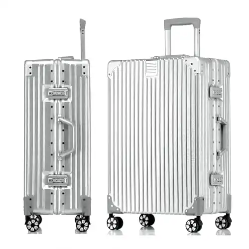 Aoliwei Hartschalen-Koffer Trolley Alu-Rahmen+PC Rollkoffer Reisekoffer Handgepäck Teleskopgriff, TSA, 4 Rollen (Silber, M)