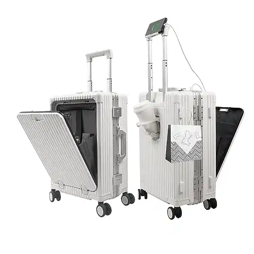 Hartschalen-Koffer Trolley,Reisekoffer mit USB und Typ-C Ladeanschluss,Aluminiumrahmen Handgepäck mit Getränkehalter,Rollkoffer mit Laptopfach,Mittelgroß mit Rollen,TSA,55cm (Weißer)