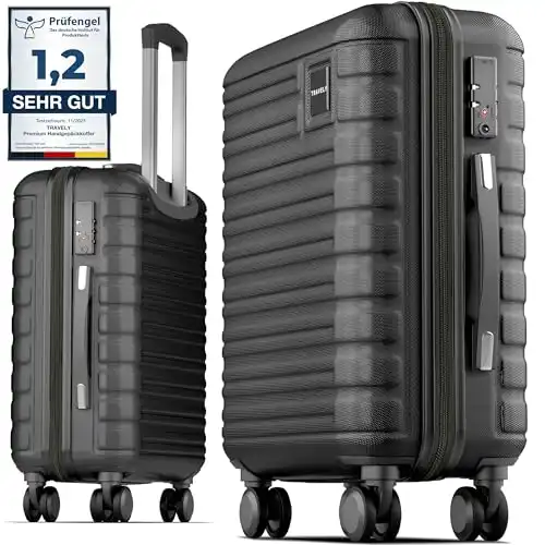 Travely Premium Handgepäck Koffer 55x40x20cm - passend für Ryanair, Lufthansa, Eurowings und co. I 36L Trolley mit sanften Rollen und praktischem TSA Schloss, Reisekoffer, Schwarz